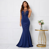 Navy Blue Soft Satin Backless Appliques Beading Long Evening Elegant Party Maxi Dress Long Bridesmaid Dress