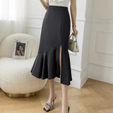 Ladies Elegant A-line Long Spring Office Style Solid Color All-match High Waist Women Mermaid Skirt