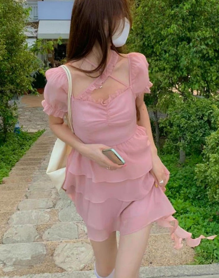 Summer Lace Solid Fairy Fluffy Ruffle Flounce Sweet Mini Korean Bandage Slim Party Dress