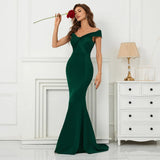 Soft Satin Green Long Evening Dress Elegant Off Shoulder Party Maxi Long Wedding Dress