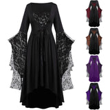 Gothic Halloween Dresses Women Vintage Witch Vampire Dress Up Carnival Party Trumpet Sleeve Long Dress
