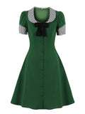 Contrast Collar and Cuff Bow Front Button Up A-Line Women Elegant Summer Ladies Midi Vintage Dresses