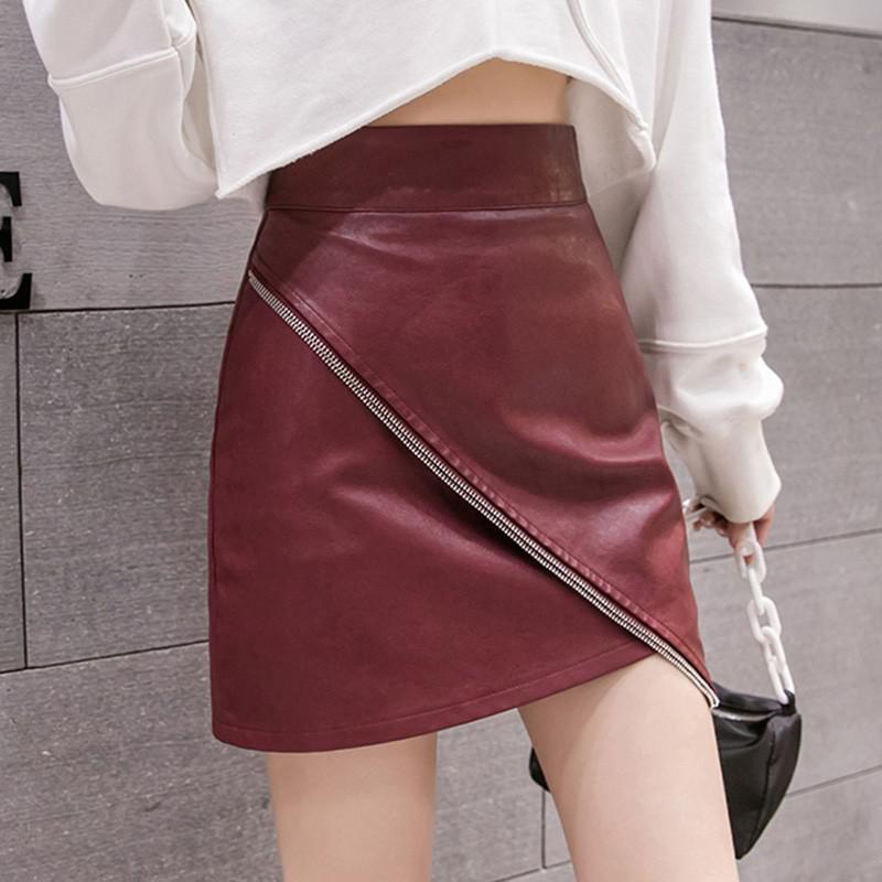 Women A-line Spring Korean Style Vintage PU Leather All-match Ladies High Waist Short Skirt