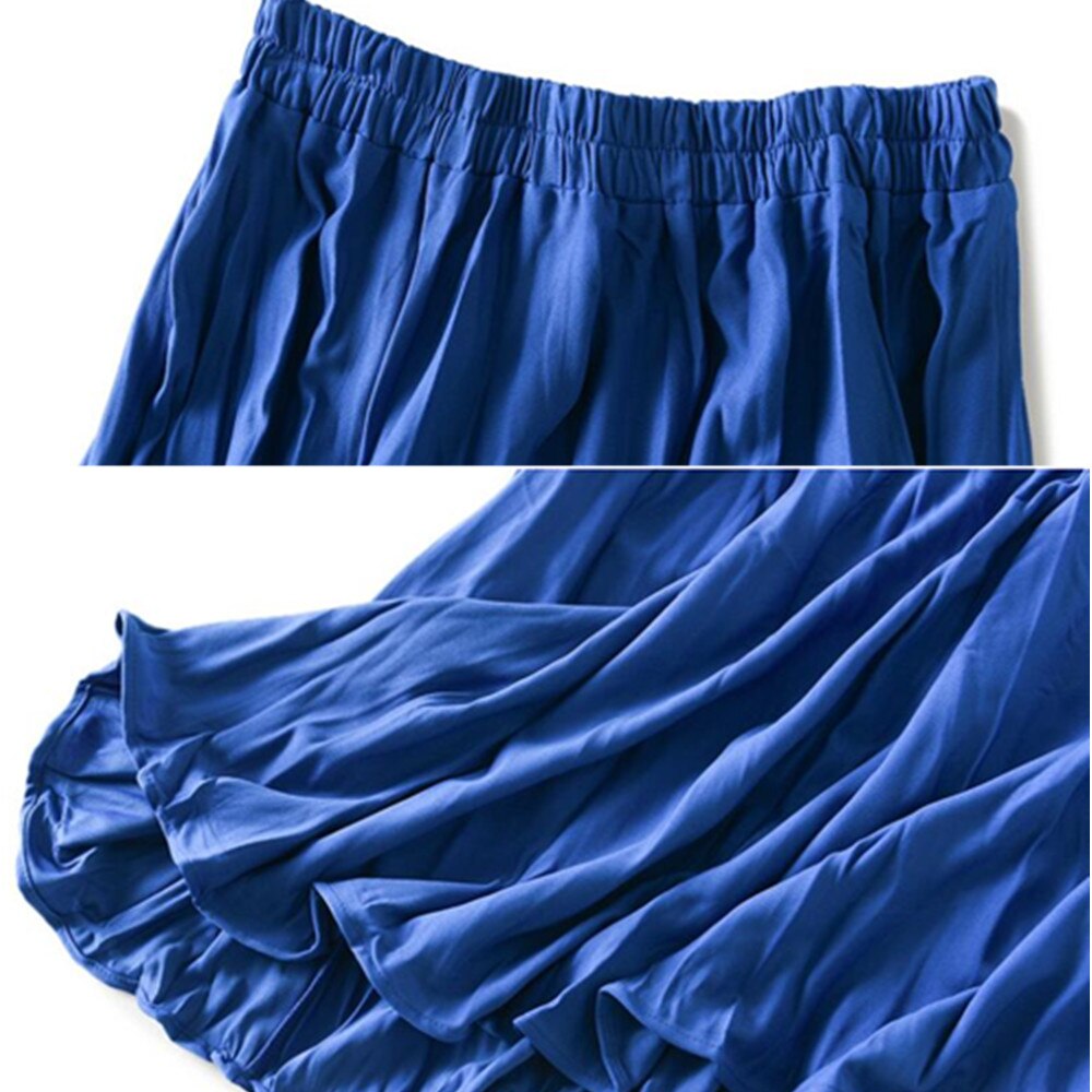 Women Chiffon Solid Casual Sexy Beach Boho Blue Pleated Long Summer Maxi Skirt