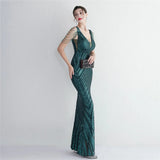 Women Beading Long Prom Deep V Neck Black Sequin Evening Dress Sexy Party Maxi Dress