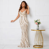 Women Strap Party Maxi Dress Sexy V Neck Evening Dress Gold Sequin Long Prom Dress