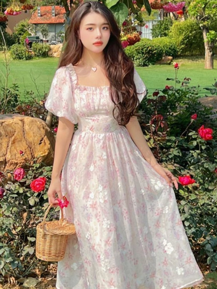Summer Chiffon Floral Elegant Midi Casual Puff Sleeve Sweet Princess Vintage Lace Vacation Dress