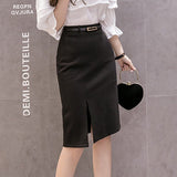 Women High Waist Spring Office Style All-match Elegant Slim Ladies Knee-length Pencil Skirt With Belts