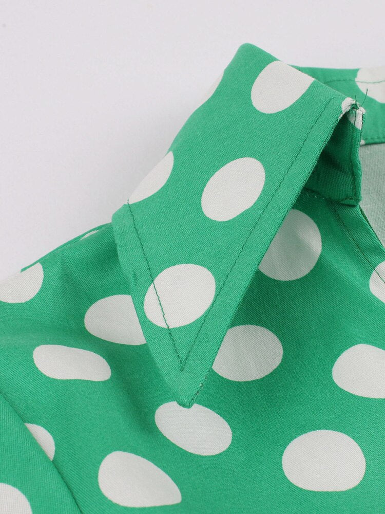 Green Surplice Neck Wrap Belted Vintage Robes Polka Dot Elegant Dress Women Short Sleeve Summer Pin Up Midi Dresses
