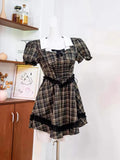 Elegant Vintage Plaid Even Party Y2k Short Sleeve Mini Office Lady Kawaii Korean Dress