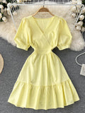 Ruffle Hem Short Puff Sleeve Dress Ladies Crossover V Neck Solid Casual Mini Dress