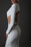 Long Sleeve Sexy Backleess Satin Party Dress Floor Length White Color Evening Party Maxi Celebrity Dress