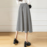 Ladies Elegant A-line Long Spring Office Style Vintage Plaid Single-breasted Women High Waist Casual Skirt