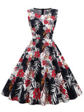 Elegant 50s Robe Retro Pinup Summer Floral O-Neck Sleeveless Women Cotton Vintage Print Dresses