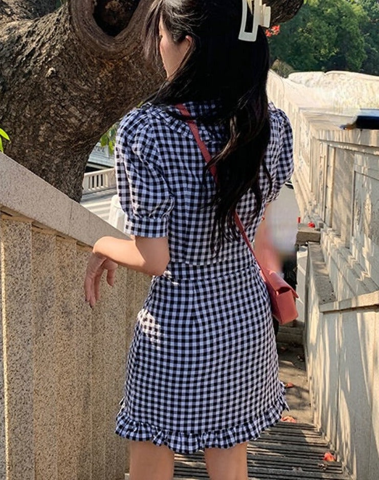 2pcs/set Summer Pearls Plaid Sweet Women Korean Puff Sleeve Kawaii Mini Skirt Set Slim Chic Party Suit