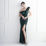 Women One Shoulder Slit Sequin Evening Dress Gold Ruffles Celebrity Maxi Dress Sexy Slash Neck Long Party Dress