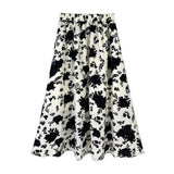 Vintage Floral Flower Print Elastic High Waist Long A-Line Women Elegant Sweet Black Summer Skirts