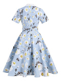 Notched Collar Daisy Elegant Women 1950s Vintage Belted Midi Dress Short Sleeve Button Front Floral Cotton Swing Dresses