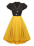 Navy Blue and Yellow Women Elegant V-Neck Button Front Vintage Style High Low Hem A-Line Party Midi Dresses