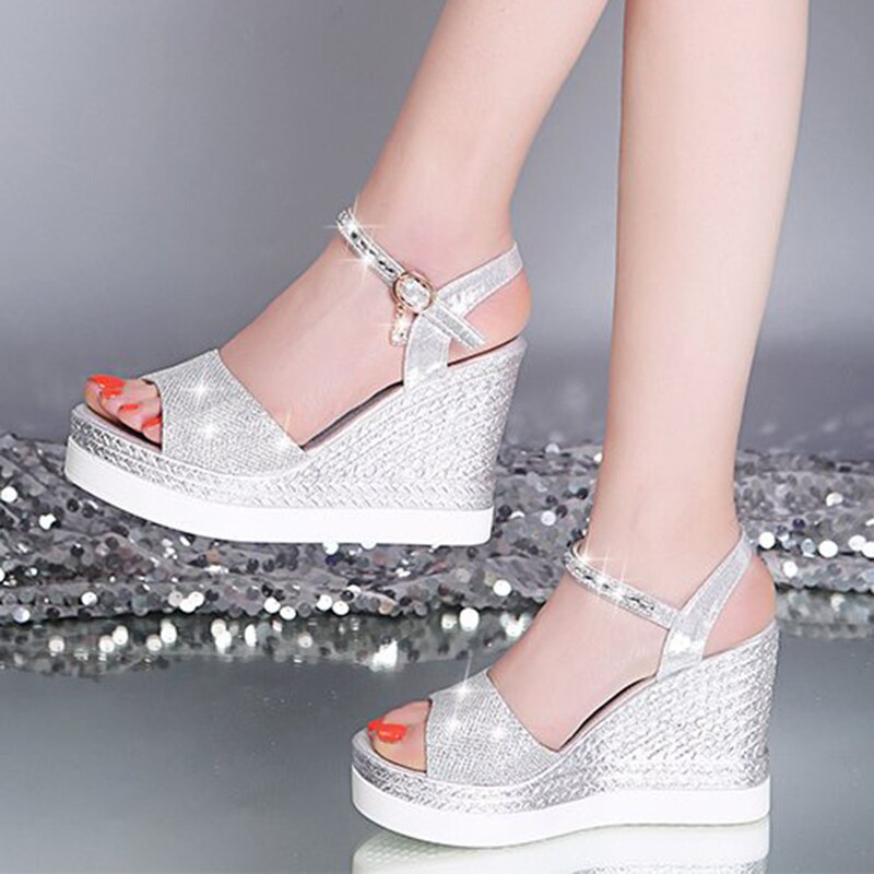 Summer Wedges Shiny Crystal Ankle Strap Platform Sandals Woman Peep Toe High Heels Shoes