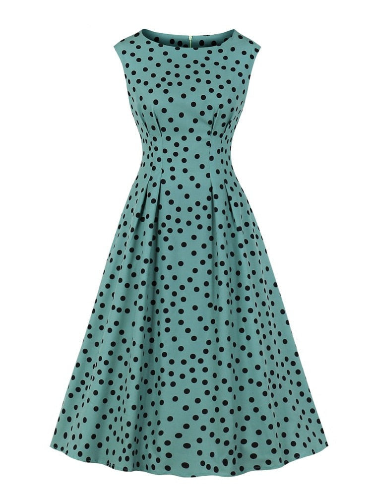 Vintage Polka Dot High Waist Slim Midi Dresses Women Sleeveless O-Neck Pockets Summer Casual Elegant Dress