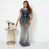 Plus Size Women Blue Silver Sequin Beading Evening Dress Elegant V Neck Party Maxi Dress Long Prom Dress