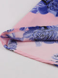 V-Neck Ruffle Sleeve High Waist Vintage Pink with Floral Summer Dress Women Retro 50s Party Pleated Dress