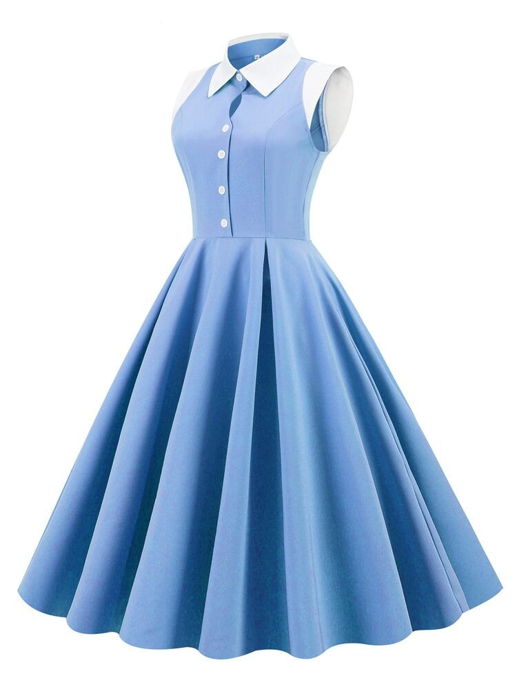Light Blue Women Turn-Down Collar Button Up Vintage Style Midi Sleeveless Elegant Ladies Pocket Swing Dress
