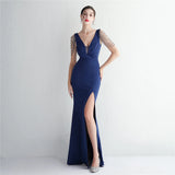 Candy Color Women Beading Party Maxi Dress Navy Soft Satin Sexy V Neck Evening Long Bridesmaid Dress