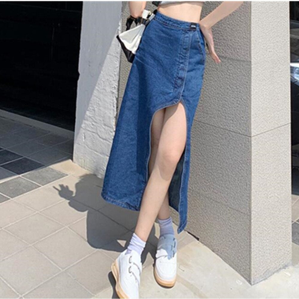 New Women Long Casual High Waisted Jeans Skirt Elegant Open Front Split Denim Skirts
