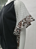 Leopard Lace Raglan Sleeves Kinked T-shirt Loose V-neck Bat Sleeve Short Sleeve Tops