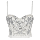 Women Crop Top Sexy Embroidery Sequins Nightclub Party Bra as Outwear Detachable Strap Corset with Cups Push Up Bustier YH1080