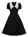 Lace Peter Pan Collar Single-Breasted Elegant Black Women Vintage Rockabilly Robe Summer Dress