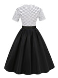 White and Black Vintage Robe Button Front Short Sleeve Polka Dot Dress Prom Women Elegant Belted Pleated Midi Dresses