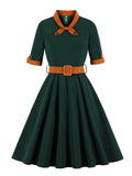 Green Contrast Bow Neck and Cuff Vintage Belted Dress Half Sleeve Autumn Women Fit and Flare Retro Swing Dresses