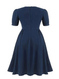 XL to 4XL Vintage Long Dresses for Women Square Neck Short Sleeve Buttons Front Navy Blue Summer Elegant Dress