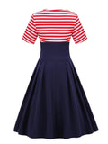 Red Striped and Navy Blue Button High Waist Women Vintage Pleated Dress Short Sleeve O-Neck Retro Clothes Midi Dresses