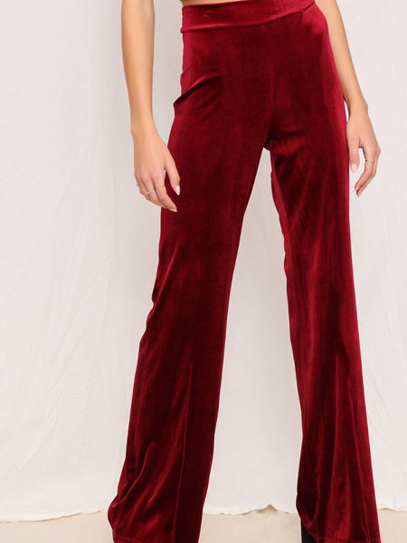 JWZUY Womens Solid Velvet Pant Straight Wide Leg Drape Pants Full-Length  Elastic High Waist Pant Red L