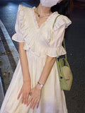 France Elegant White Summer Vintage Party Midi Casual Short Sleeve Korean High Waist Dress