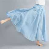 Cotton and Linen Elastic Waist Linen A-line Skirt Long Solid Color Ethnic Dress