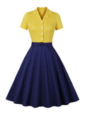 Navy Blue and Yellow Button Up Cotton Summer Elegant Dress Women Notched Collar Belted Rockabilly Vintage Midi Dresses