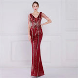 Women White Beading Long Evening Dress Deep V Neck Sequin Prom Sexy Party Maxi Dress