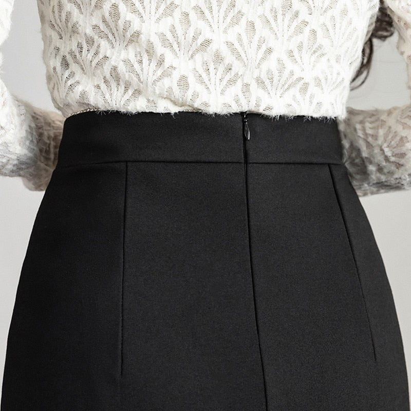 High Waist Women Spring Office Style All-match Black Ladies Elegant Knee-length Skirt