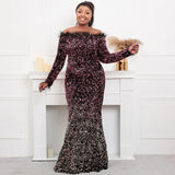 Plus Size Off Shoulder Feather Long Sleeve Black Sequin Dress Floor Length Evening Party Maxi Reflective Dress