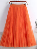 Elegant Tulle Pleated Skirt Summer Women Elastic High Waist Solid Casual Mesh Midi Skirt
