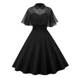 Chiffon Cape Vintage Gothic Flare Dress Women 50s 60s 2pcs Turn Down Collar Elegant Party Wear Summer A Line Midi Swing Dresses