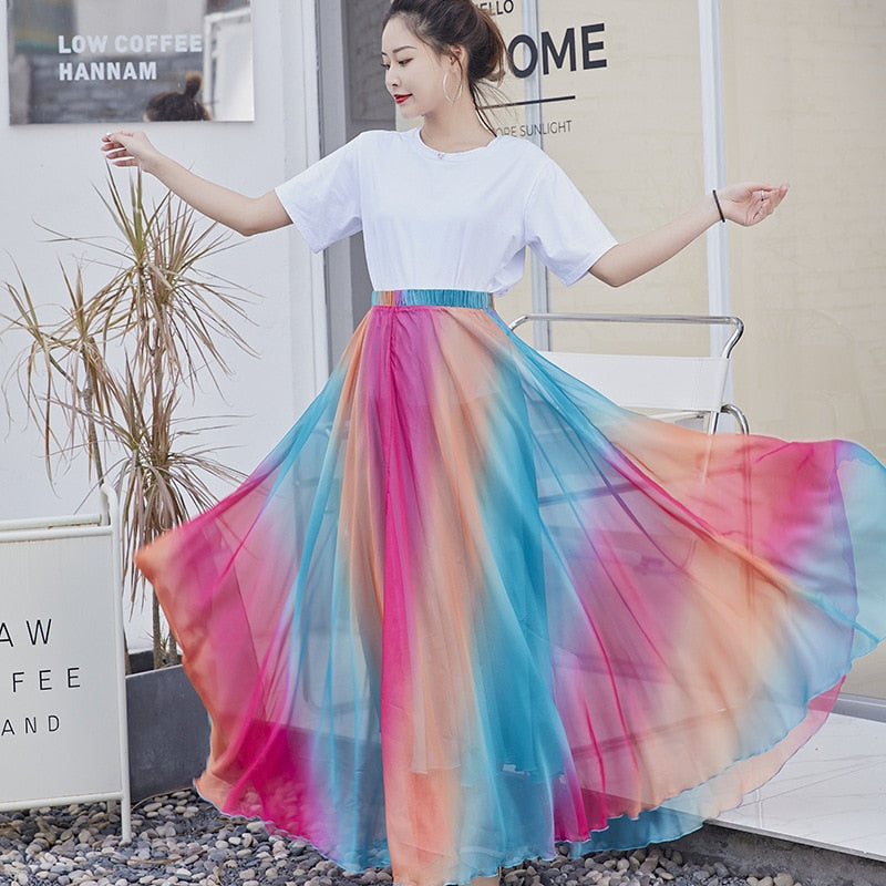 Chiffon Long Casual Loose A-Line Women High Waist Maxi Print Dance Skirts