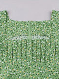 Square Neck Ruched Front Floral Elegant Dress Autumn Clothes for Women Long Puff Sleeve Vintage Green Midi Dresses