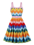 Multicolor Striped High Waist Vintage Pinup Girls Women Spaghetti Strap Belted 50s Pleated Dress