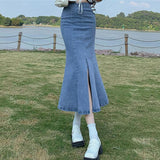 Sexy Vintage Splited Fork Hip-wrap Long Denim Trumpet Summer Elegant Korean High Waist Stretch Mermaid Skirt